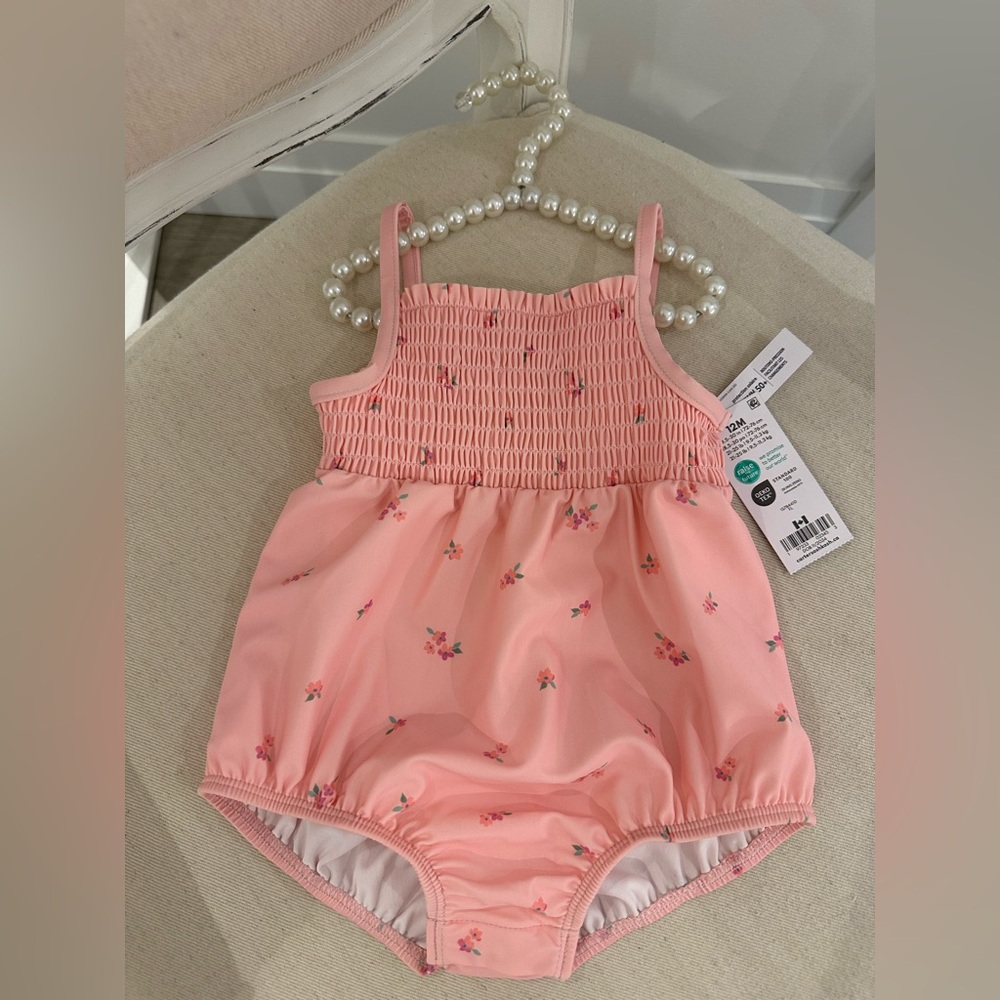 🦢 12 Mth Baby Pink Floral Bubble Swimsuit NWT